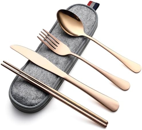 DEVICO Travel Utensils with Case, 5 Piece Portable Silverware Set for Work by DEVICO