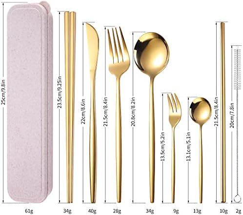 AARAINBOW 8 Pieces Stainless Steel Flatware Set Portable Reusable Cutlery Set Travel Utensils Set Including Chopsticks Knife Fork Spoon Straws Cleaning Brush Dishwasher Safe (Golden) - Image 2
