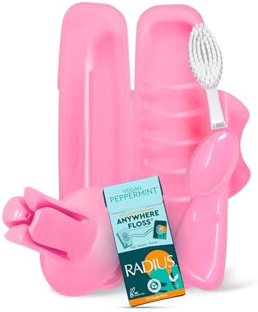 RADIUS Vacation Pastel Bundle, Includes Left Handed Big Brush with Replaceable Head, Toothbrush Travel Case, DOC Toothbrush Holder, Anywhere Travel Floss Packette, Pink, 4 Piece Bundle by RADIUSCorporation