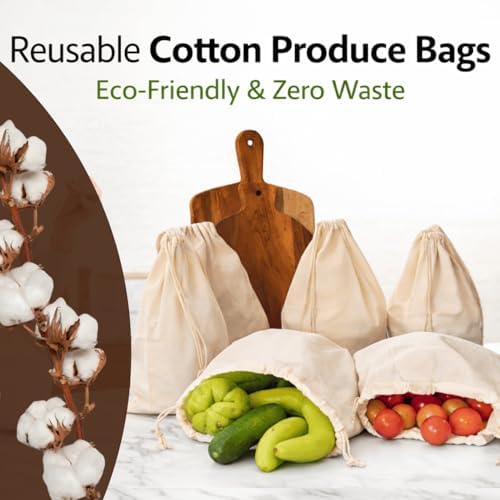 Reusable Cotton Produce Bags, Drawstring Washable, Pack of 6 - Image 5