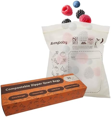 Moonybaby Compostable Quart Size Food Storage Bags (30 Count), Organic Food Storage Container with Food-Safe Zip Seal, Freezer and Leak Proof by Moonybabymonitor