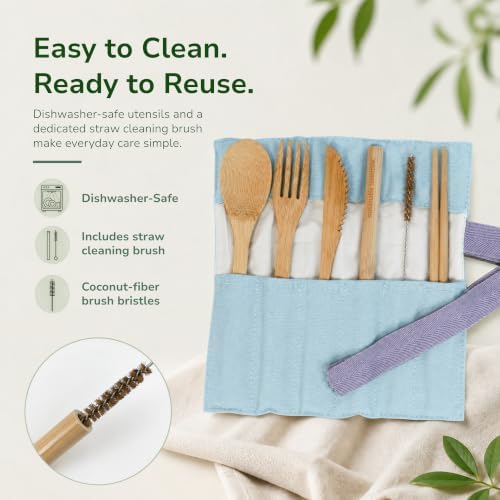 Sustainable Tomorrow Bamboo Cutlery Set | Eco-Friendly Reusable Utensils with Canvas Case | Natural Bamboo Fork, Knife, Spoon, Chopsticks, Straw & Cleaning Brush | Plastic-Free Flatware - Image 3