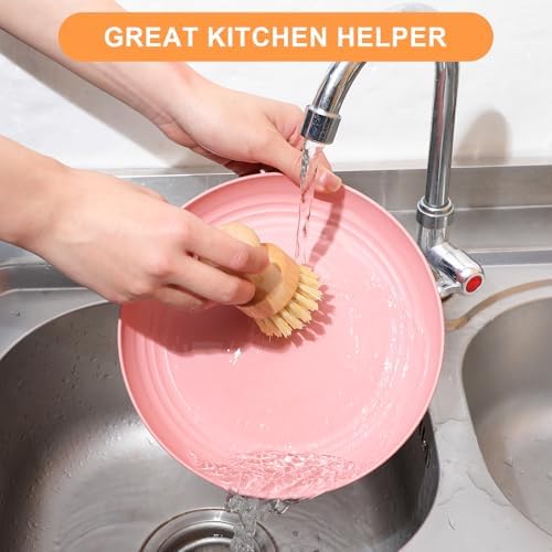 cobee 12Pcs Bamboo Dish Scrub Brushes, Kitchen Dishwashing Scrubber with Natural Sisal Bristles Round Wooden Dish Scrubber Brush for Iron Pot Pan Food Kitchen Sink Fruit Vegetable Wash - Image 4