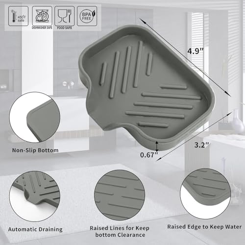 MicoYang Silicone Soap Dish with Drain Spout, Self-Draining Sink Organizer Tray for Bathroom and Kitchen, Sponges, Dispensers and Soap Holder, Non-Slip and Dishwasher Safe, Grey (Compact, 4.9"×3.2") - Image 2