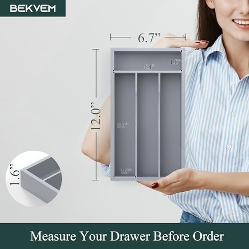 Silverware Organizer, Bamboo Kitchen Drawer Organizer, Utensil Holder, Cutlery Tray & Spoon Flatware Storage with Grooved Drawer Dividers (Grey, 6.7''W x 12''D) - Image 2
