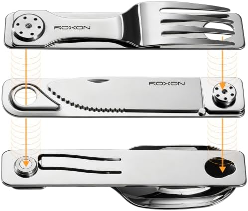 ROXON 3-in-1 Camping Utensils Set with Case (Knife, Spoon, Fork) Silver by ROXON