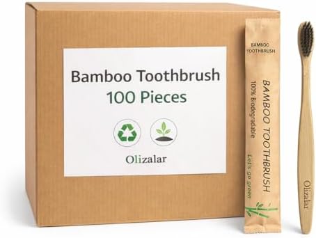 100 Pack Bamboo Toothbrush for Adults, Medium Soft Charcoal Bristles, Eco Friendly Wooden Natural Toothbrushes, Biodegradable Handle Oral Care Toothbrush by Unknown