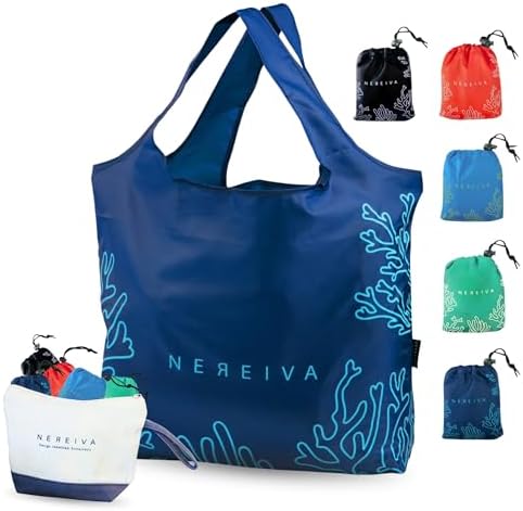 5 Pack in a Carry Pouch, Large Foldable Reusable Grocery Shopping Tote Bags by Nereiva