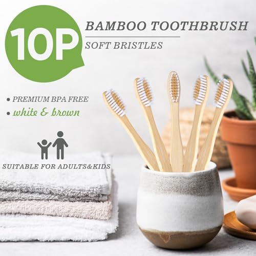 10 PCS Bamboo Toothbrushes Pack, Natural & Eco-Friendly Wooden Toothbrush - Image 2