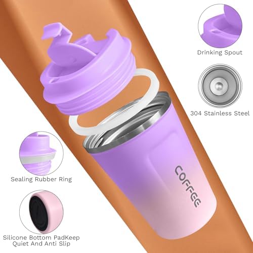 SPLMIFA Travel coffee mugs leak-proof,coffee cups with lids, stainless steel vacuum insulated coffee tumblers, thermal insulation cups for men & women keep drinks hot & cold(2nd-Purple Pink, 17OZ) - Image 3