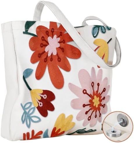 Floral Embroidery Canvas Tote Bag with Magnetic Closure for Daily by VelvetHue