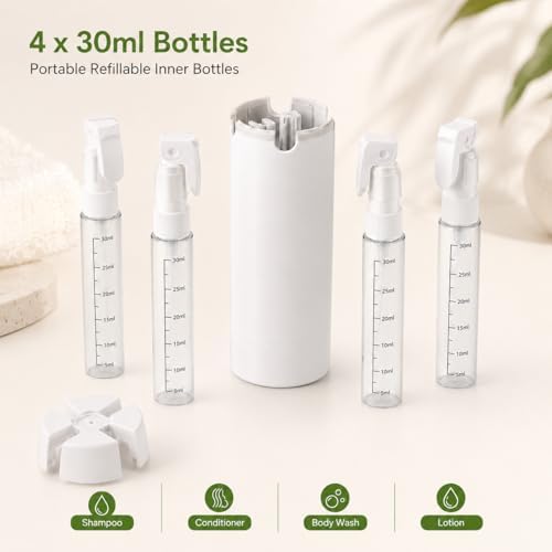 4-in-1 Detachable Travel Dispenser Bottles Set Foldable Pump Leak-Proof, Carry-On Compliant 30ml/1OZ Refillable Containers for Shampoo Lotion Body Wash with Protective Case - Image 4