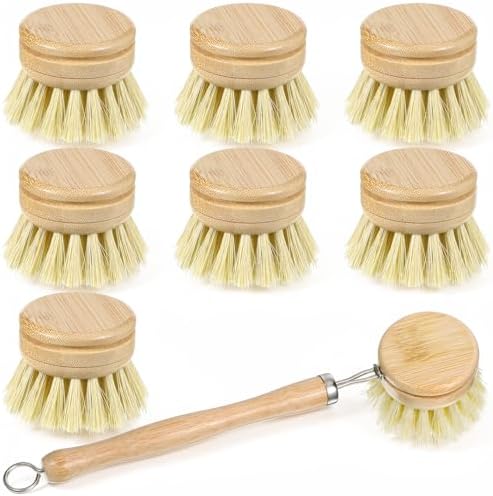 8 Pcs Bamboo Dish Brush with Handle, Natural Sisal Bristle Scrubber Includes 7 Replacement Brush Heads Wooden Kitchen Dish Brushes for Pots, Pans, Bowls, Dishes Cleaning by Unknown