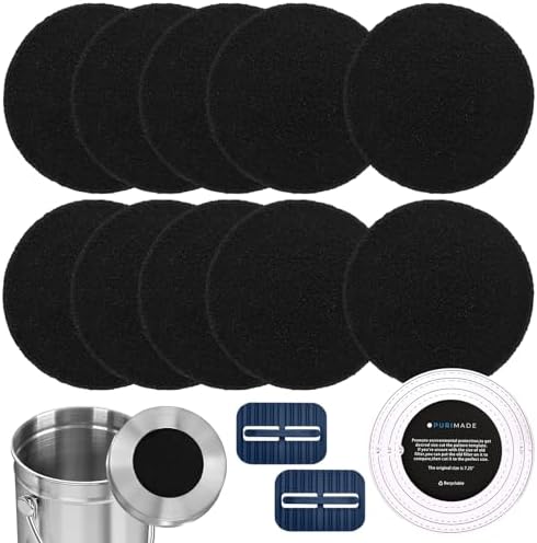 PURIMADE 10Pack 7.25 Inch Charcoal Filters for Compost Bucket with Cutting Template & Trash Can Bag Holder Clip, Universal Size Compost Bin Filter, Compost Filters for Countertop Bin by DailyTreasures