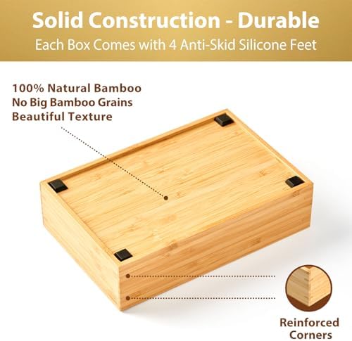 Umilife Bamboo Kitchen Drawer Organizer, Extra High Silverware Tray, Flatware Cutlery Storage Box, Multi-Use Holder in Office, Bathroom, Pantry - 9"x6"x2.5" (Set of 2) - Image 3