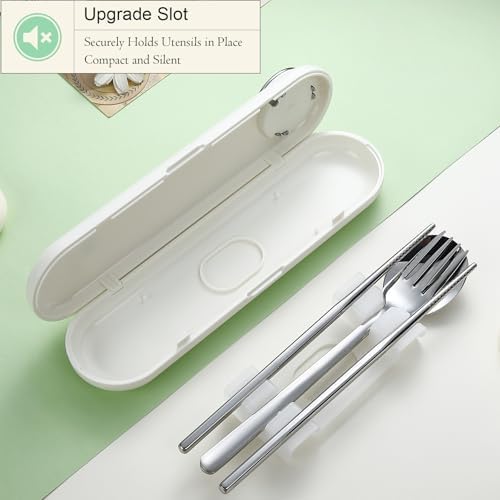 DEVICO Travel Utensils with Case Cute, Reusable Silverware for Lunch, 4Pcs Portable Cutlery Set, 18/8 Stainless Steel Fork Spoon Chopsticks in Cartoon Case, Dishwasher Safe (White) - Image 2