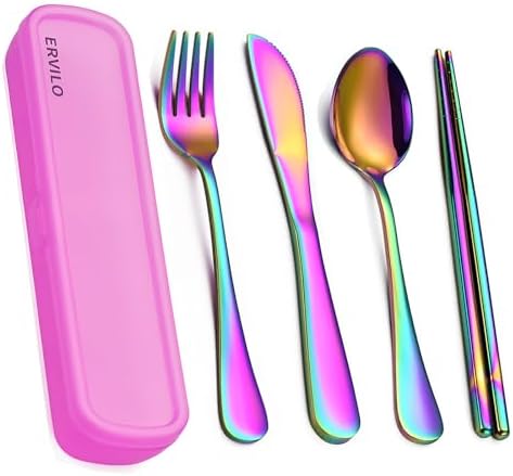 Travel Utensils with Case, Stainless Steel Portable Cutlery Set, Lunch Box Silverware for Work Camping Picnic, Reinforced Case with Snap-Lock Closure, Include Fork Spoon Knife Chopsticks, Rainbow by SilverwareSet