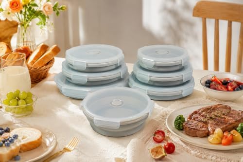Plus 6PCS Foldable Silicone Food Storage Containers for Kitchen Storage for Leftovers Fruits and Meal Prep Dishwasher Safe Microwave Safe Ideal for Home and Travel (grey, round) - Image 4