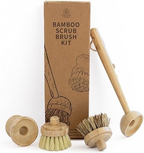 Cactus Cradle Bamboo Scrub Brush Set (4-Piece Kit) – Plastic-Free Kitchen Scrub Brushes with 2 Ergonomic Handles & 2 Interchangeable Plant-Based Bristle Heads | Non-Scratch Pot, Pan & Produce Cleaner by CactusCradle