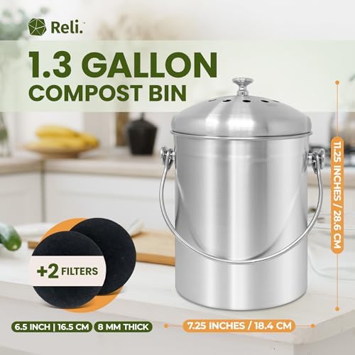 Reli. 1.3 Gallon Stainless Steel Compost Bin for Kitchen | Charcoal Filters - Image 2