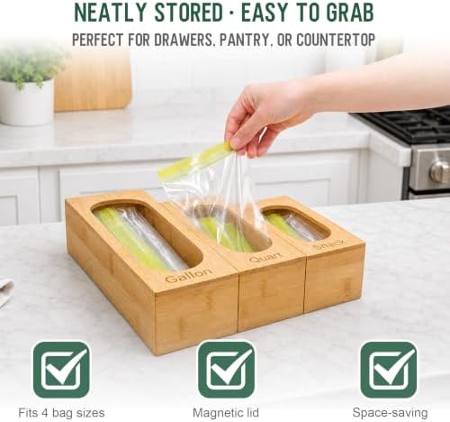 Storage Bag Organizer for Kitchen Drawer, 5-Slot, Bamboo - Image 3