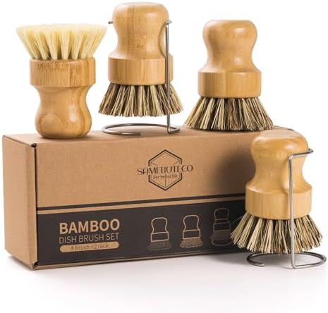 SAMEBUETCO 6-Piece Bamboo Dish Brush Set with 2 Stainless Steel Drying Racks, 3 Mixed Fiber Pot Brushes & 1 Sisal Bristle Brush for Dishes, Pots, Pans, Vegetables & Kitchen Cleaning by HOME