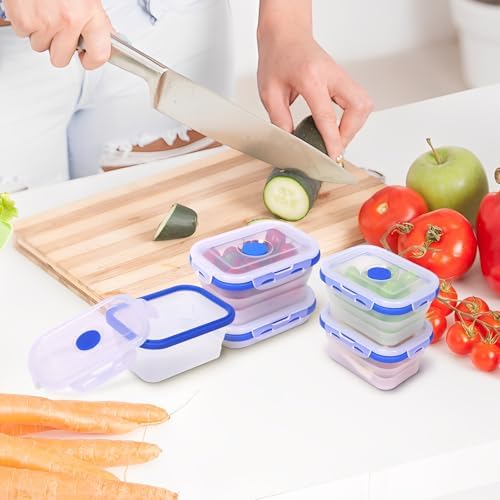 5 Pack Collapsible Translucent Silicone Food Storage Containers with Leak Resistant Lids, 12oz Small Snack Bento Box, For Kitchen, Office, Camping, Travel, BPA Free - Image 2