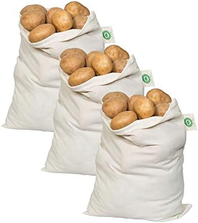 Potato Storage Bags for Pantry - Organic Cotton Potato Sacks - Washable Potato Keeper & Potato Holder with Drawstring - Root Vegetable Storage Sacks for Onion, Potato, Garlic (3 X Large - 14"x18") by OrganicCottonMart