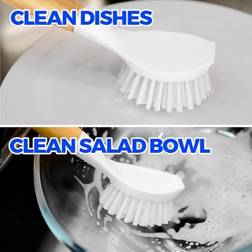 Holikme 3 Pack Dish Brush with Bamboo Handle Cleaning Brush,White - Image 2