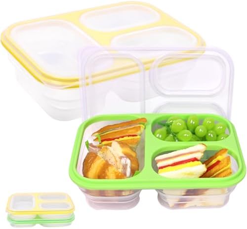 2 Pack Big Collapsible Full Silicone Bento Lunch Boxes With Lids, 3 Compartments, 45.6oz, Clear Divided Lunch Food Storage Containers, Safe in Microwave, Dishwasher and Freezer, BPA Free by FUSMYE