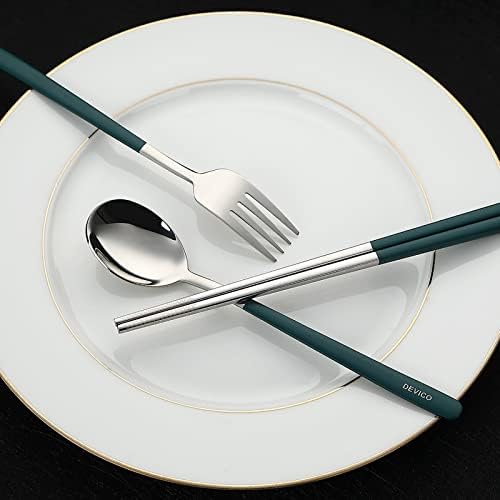 DEVICO Travel Utensils with Case, 4Pcs Portable Silverware Set for Work, 18/8 Stainless Steel Reusable Cutlery, Korean Spoon and Chopsticks Fork for Camping, School, Lunch Box Accessories (Dark Green) - Image 3