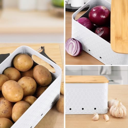 Kitchen Vegetable Storage Set of 3, Metal Onion Garlic Potato Storage Set, Kitchen Canisters Vegetable Keeper Containers with Aerating Holes and Bamboo Lid,Embossed White - Image 6