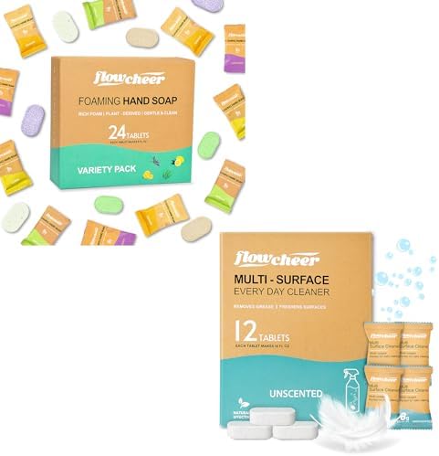 flowcheer Foaming Hand Soap Tablets (24 Pack) + All-Purpose Cleaner Refill Tablets (12 Pack) Bundle – Eco-Friendly Hand Wash & Multi-Surface Household Cleaning Set by Flowcheer
