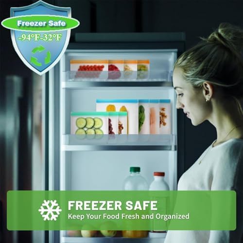 20 Pack Reusable Silicone Freezer Bags - Leakproof Food Storage Bag - Safe Sealable Snack Bags - Large Keep Fresh Sandwich Bags for Milk Bread Fruit Vegetable Meat Cookie