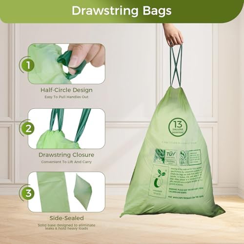 13 Gallon Compostable Trash Bags with Drawstring, Heavy Duty Extra Thick 1 Mil, 49.21 Liter, 30 Bags, Tall Kitchen Food Scrap Waste Bag, ASTM D6400, US BPI and OK Compost Home Certified - Image 4