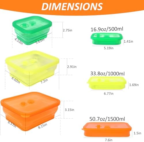 Set of 3 Clear Collapsible Full Silicone Food Storage Containers with Lids, Bento Lunch boxes for Meal Prep, Lunch, Leftovers, Microwave Fridge Dishwasher Safe, BPA-Free - Image 5