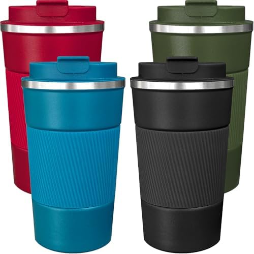 4 Pack Insulated Coffee Mug with Lid 17oz Travel Coffee Tumbler Stainless Steel Reusable Coffee Cups Thermal Coffee Mug for Hot and Iced Cold Drinks, Multicolor by Unknown