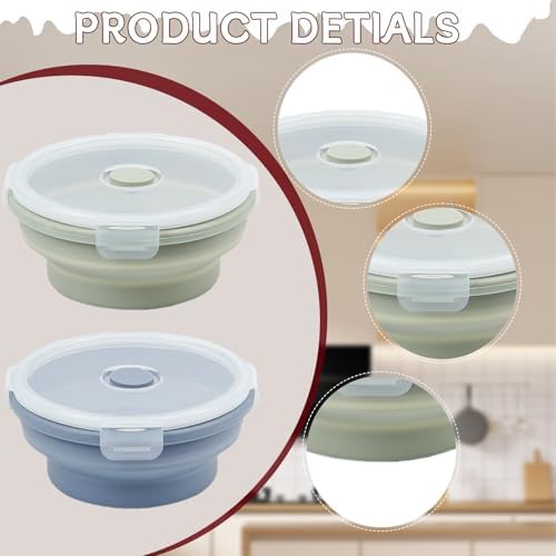 Silicone Collapsible Food Storage Containers-Prep/Storage Bowls with Lids – Set of 2 Round Silicone Lunch Containers – Microwave and Freezer Food Containers (550ML,Green Blue) - Image 3
