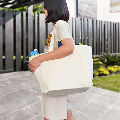 3 Pack Heavy Duty Reusable Canvas Grocery Bags, Holds 60 lbs, 8.3 gal Multi-Purpose Washable Grocery Bags with 5 Pockets, Off White - Image 2