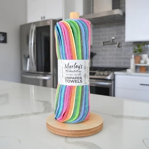 Marley's Monsters UNpaper® Towels + Holder - 24 Reusable 12x10in Cotton Flannel Cloths with 6in Wood Base & Dowel - Machine Washable, Sustainable for Kitchen Cleaning, Spills & Chores - Image 4