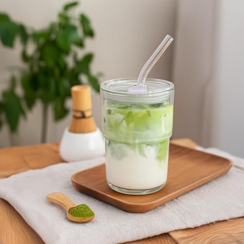 13oz Iced Coffee Cup, Reusable Glass Tumbler with Straw and Lid, Thick Wall Glass Cups with Lids and Straws for Matcha, Smoothies, Drinking Glassware Water Cups (clear-4pack) - Image 4