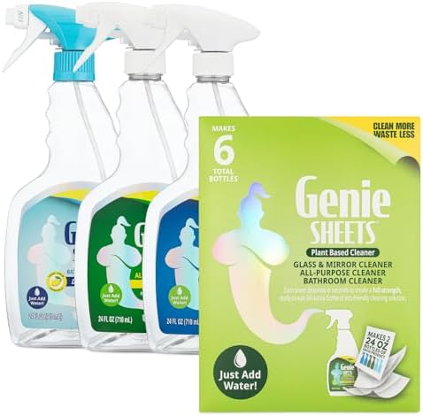 Genie Sheets All Purpose, Glass and Bathroom Cleaners Combo Pack | Concentrate Makes 6 24oz Refills with Spray Bottles | Just Add Water | Eco-Friendly Plant-Based | 6 Sheets by MicrofiberWholesale