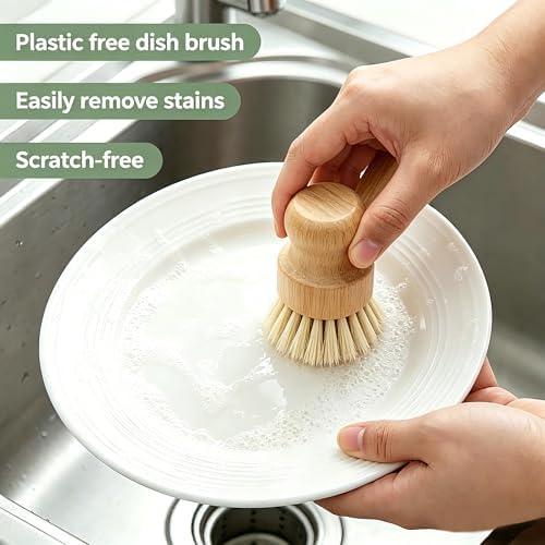 Bamboo Dish Brush Set with Palm and Sisal Bristles, 4 Pcs Natural Bamboo Dish Scrubber Brush for Kitchen Cleaning, Pots, Pans, Vegetables, Fruit - Image 3