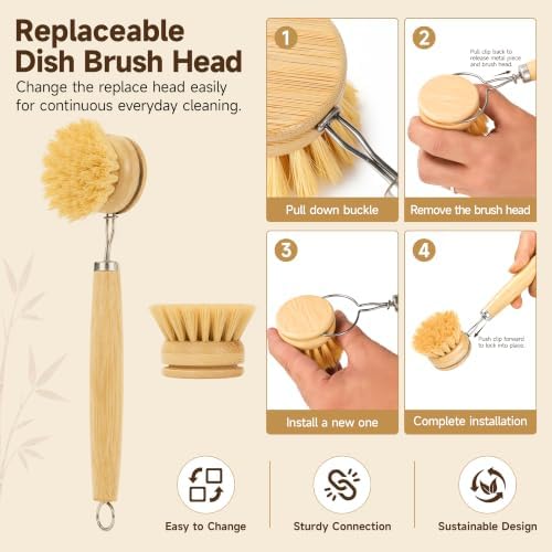 SAMEBUTECO 5-Piece Bamboo Dish Brush Set with Sisal Bristles - Image 4