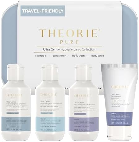 THEORIE PURE Travel Size Toiletries Set - Hypoallergenic Shampoo, Conditioner, Body Wash & Body Scrub - Fragrance-Free, No Sulfates or Parabens - Clean Beauty Essentials for Hair & Skin by THEORIE