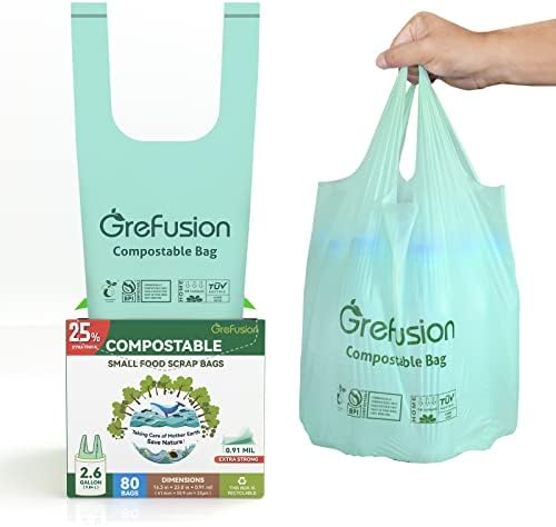 Compostable trash Bags, 2.6 Gallon,Thick 0.91 mils,Compost bin Kitchen,Food Scrap Waste Bags,Small trash bags for compost bin kitchen,Certified by BPI and OK Compost, (80 Count) by GreFusion