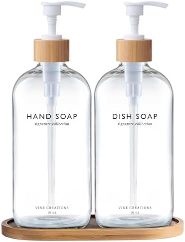 Vine Creations Clear Glass Soap Dispenser Set, Hand Soap and Dish Soap Dispenser Set with Bamboo Tray, 16 oz Glass Dispensers Bottle for Kitchen and Bathroom Decor Modern Boho with Bamboo Pump (Clear) by VineCreations