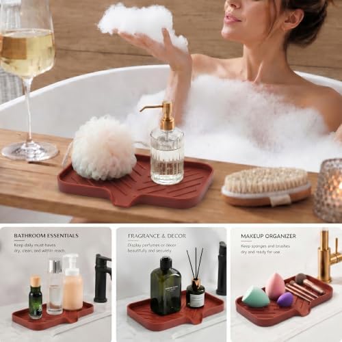 MicoYang Silicone Soap Dish with Drain Spout — Self-Draining Sink Organizer Tray for Bathroom & Kitchen, Sponges, Dispensers & Soap Holder, Non-Slip & Dishwasher Safe, Red (Medium, 9.6"×5.3") - Image 3