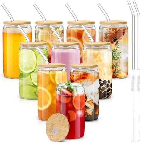 Glass Cups with Lids and Straws - 16 oz Glass Drinking Cups Set for Coffee by sungwoo