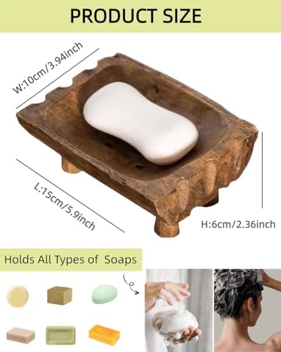 Large Rustic Teak Wood Soap Holder, Farmhouse Wooden Soap Dish,Decorative Bathroom Shower Soap Holder, Handmade Kitchen Countertop Soap Stand with Draining Holes - Image 5
